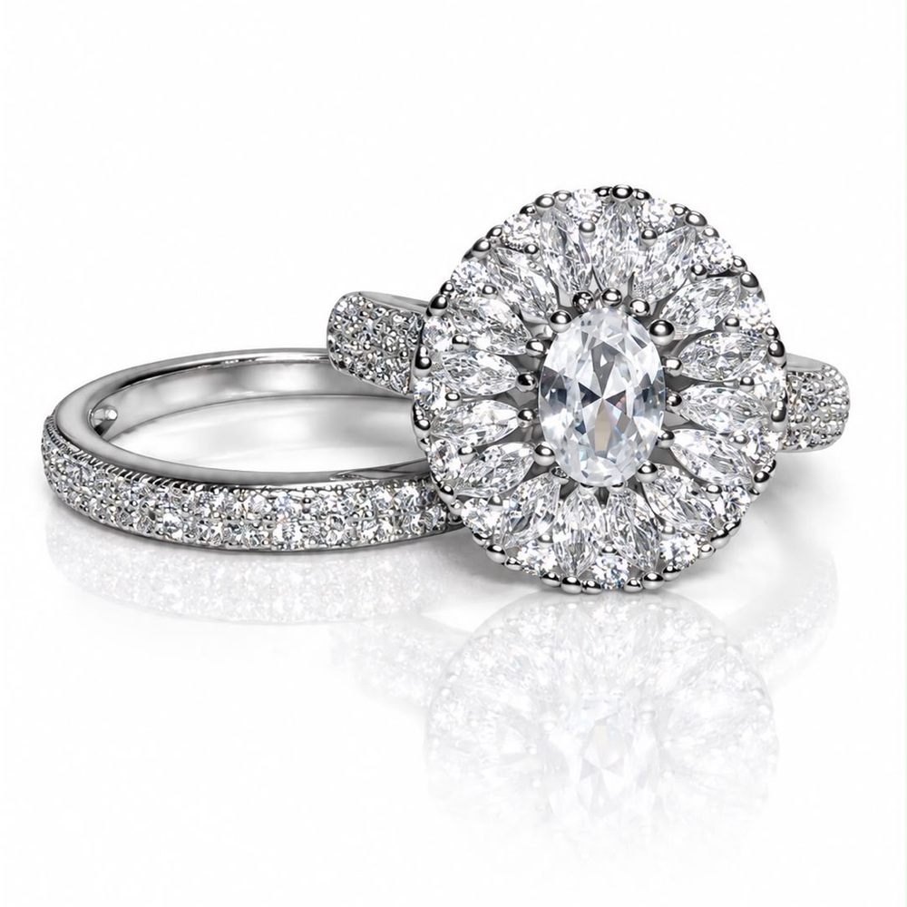 S925 Oval Halo Bridal Ring Set With Cubic Zirconia (R5)